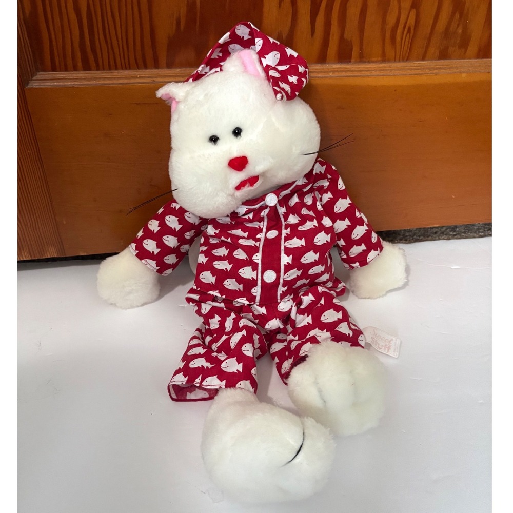 Sweet Stuff Plush White Cat Red Fish Print Pajamas PJs Sleeping Cap Zipper Pouch
